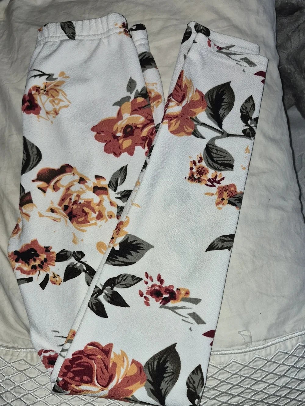 SHEIN White Floral Jeggings with Rust & Olive Blooms
